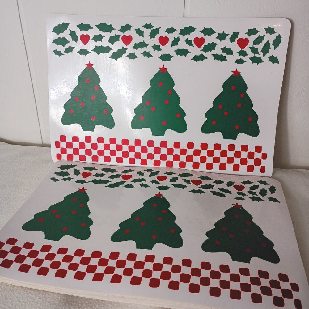 VTG 90's Christmas Tree Vinyl Placemats Set of 6 Red Green Hearts Checkerboard